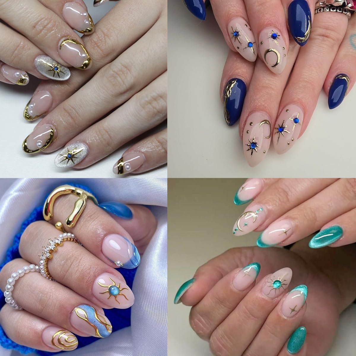 2 Sheets Star Sun Moon Nail Art Stickers 5D Embossed Gold Silver Nail Stickers Bohemian Style Blue Green Crystal Diamonds Design Star Nail Art Decals Manicure Slider for Women DIIY Nail Decorations