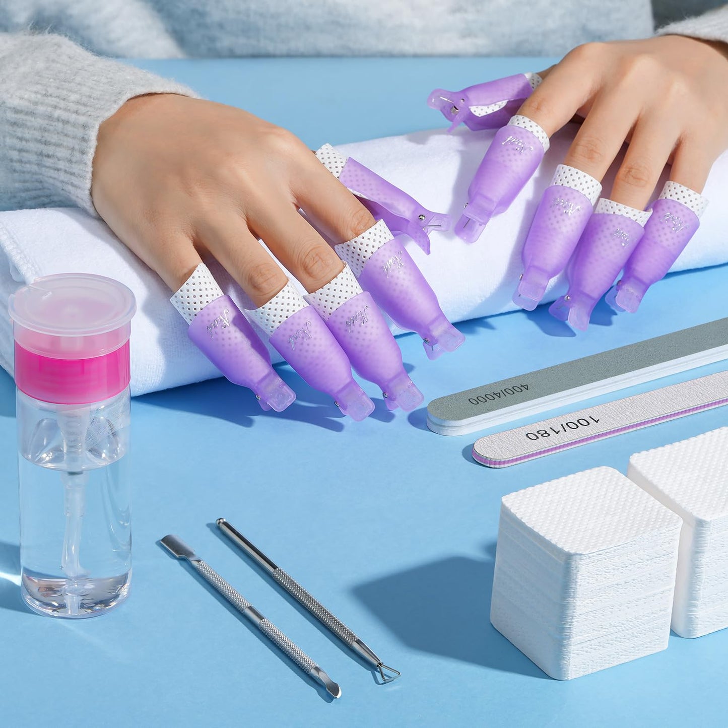 TsMADDTs Nail Polish Gel Remover Tools Kit with Lint Free Wipes, Nail Clips, 100ml Nail Polish Remover Bottle, Cuticle Pusher/Peeler, File, Buffer Block