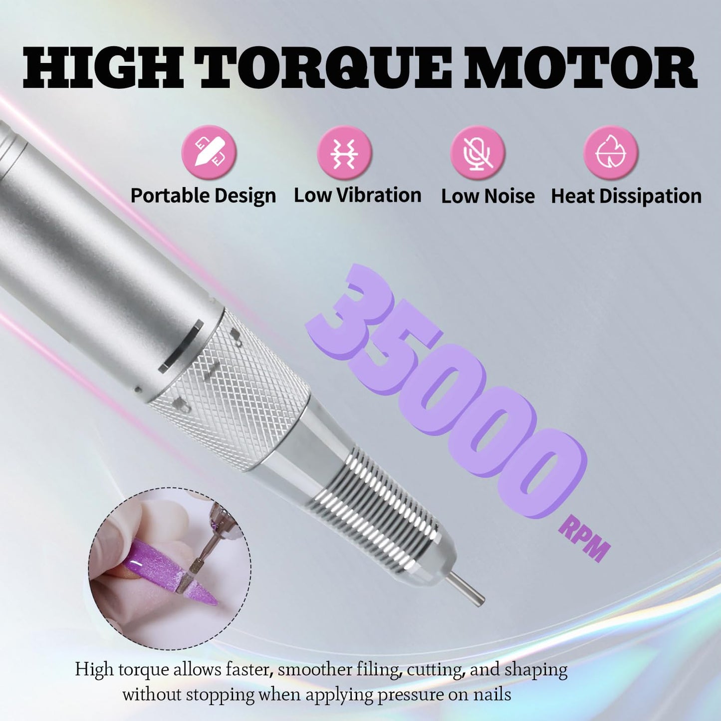 Electric Nail Drill Machine 35000RPM Professional Portable Nail File Cordless Rechargeable Nail Efile for Acrylic Gel Nails Manicure Pedicure Polishing Shape Tools for Salon (Pink)