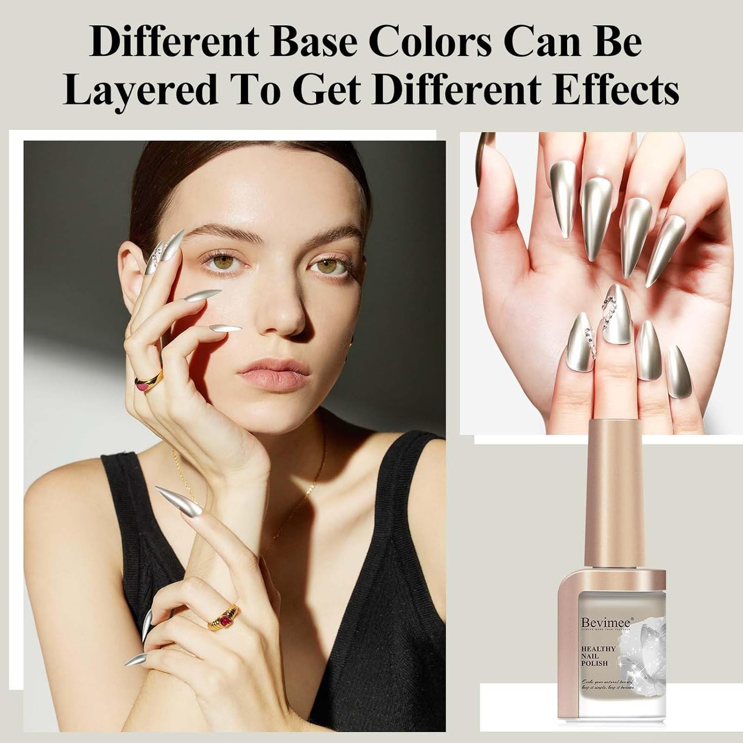 Metallic Chrome Nail Polish Mirror Shine Quick Dry Champagne Gold, Holographic Nail Lacquer Regular Color For Finger Toe Nail French Manicure Art