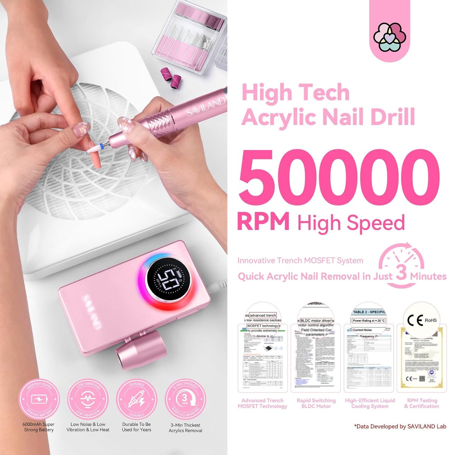 SAVILAND 50000RPM Professional Electric Nail Drill: Portable Nail Buffer Nail Drill Kit for Nail Tech Arylic Nail Tools Electric Nail File Manicure Kit for Women Acrylic Nail Salon