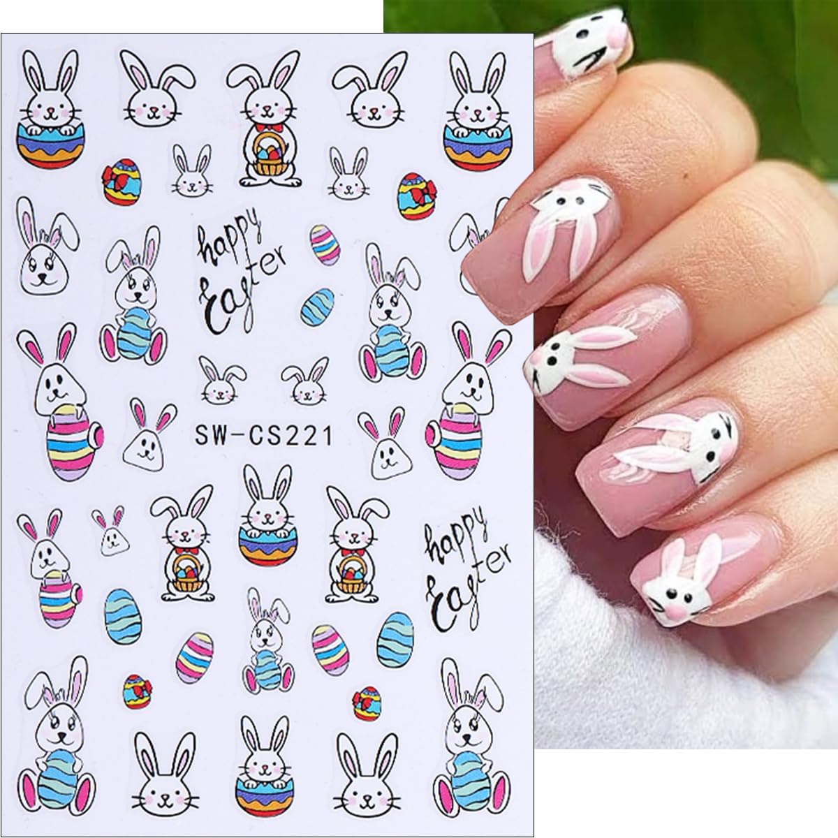 6 Sheets Easter Nail Art Stickers 3D Self-Adhesive Bunny Nail Stickers Rabbits Chick Egg Nail Design Easter Nail Decals Cute Nails Decoration Supplies for Women Girls DIY Acrylic Nails Accessories