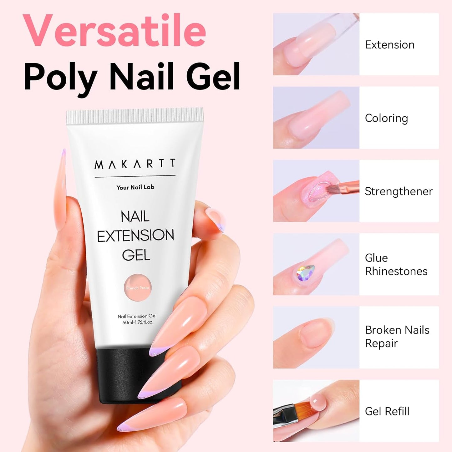 Makartt Poly Nail Gel: 50ML Nude Builder for Extension, Trending Stylish Elegant Colors for All Season, 3D Molding Hard Gel Manicure - French Press