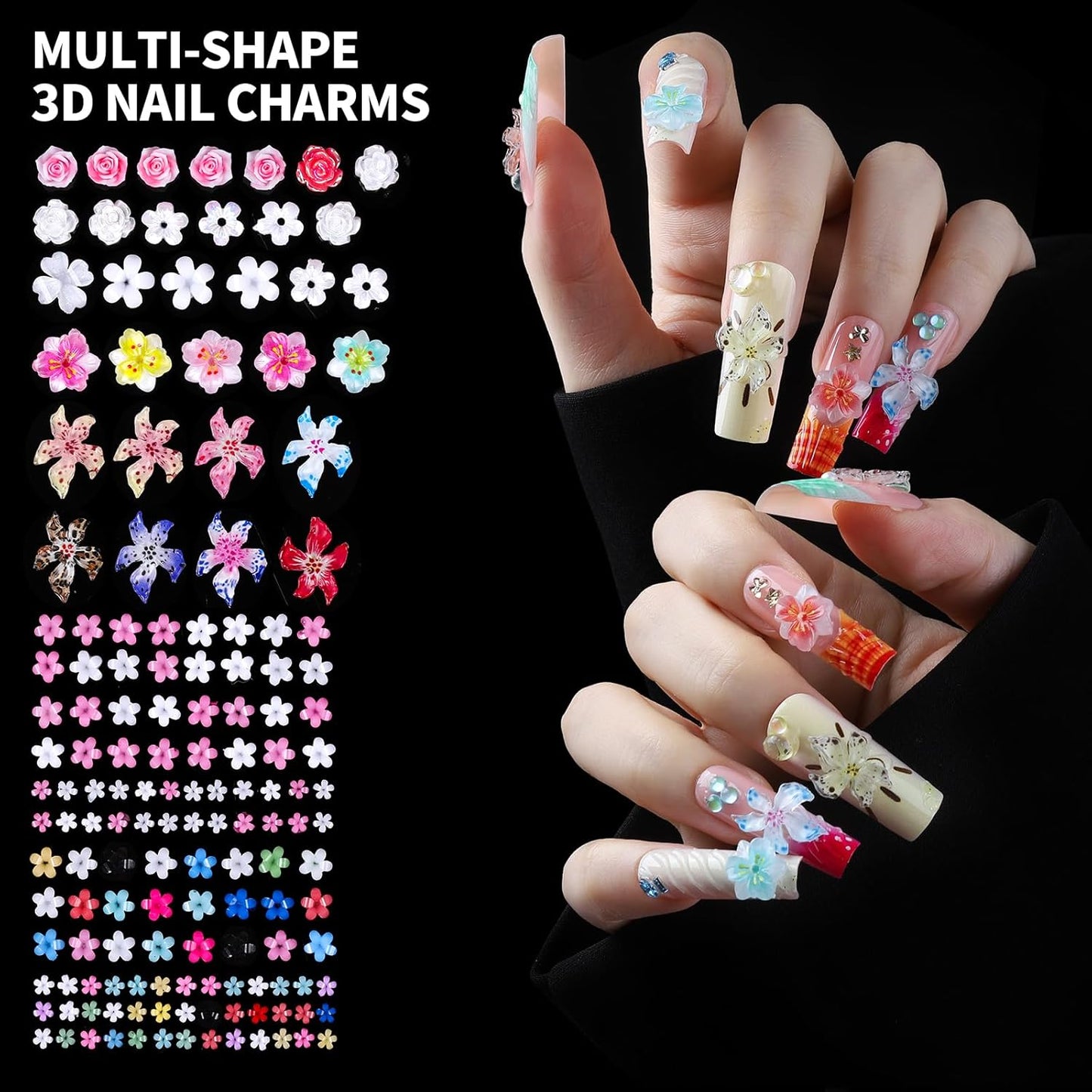 FAMDAMEI 24 Grid Nail Charms, Nail Art Kit with Multi Shapes Nail Charms and Gems, Flatback AB Nail Rhinestones Gold Nail Pearls, Colorful 3D Hawaii Flowers Nail Jewels for DIY Nail Design for Crafts