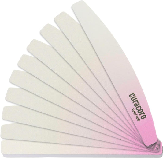 Curacoro 10 PCS Nail File - Professional Half-Moon Nail Files Double Sided Emery Board (100/180 Grit), Washable Nail Files and Buffers, Smooths & Shapes Nails, Manicure & Pedicure Buffing Tools