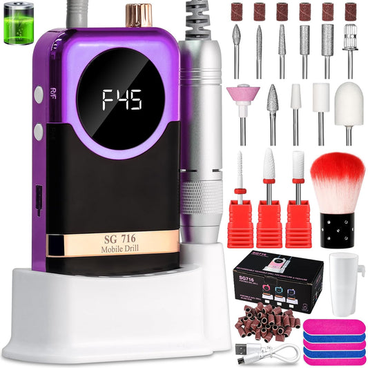 LIMEGIRL Professional Electric Nail Drill Kit 45000RPM Portable Cordless Toenail Cordless Toenail Machine with 14 Drill Bits and Base for Women (Purple)