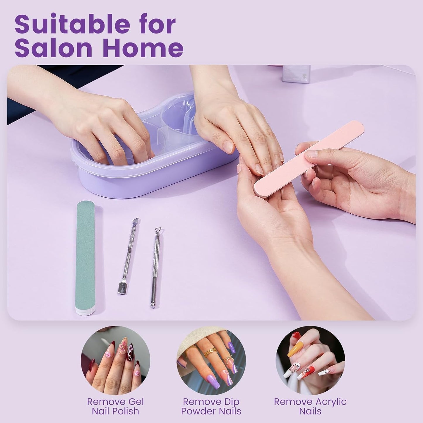 Quaferen Dual Nail Soaking Bowl: 2-in-1 Nail Polish Remover Manicure Bowl with Cuticle Tools for Women, Time-Saving Soak Off Acrylic Nail Removal Kit for Salon Home (Normal Size, Purple)