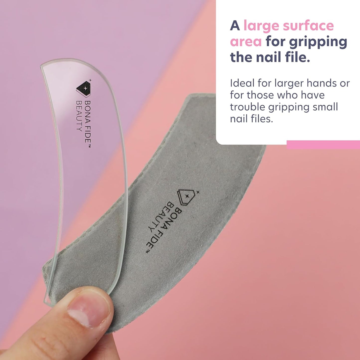 Bona Fide Beauty Ergonomic Moon Nail File (Clear) Grit in The Groove. Etched Glass File Made in The Czech Republic, Curve File with Large Gripping Surface.