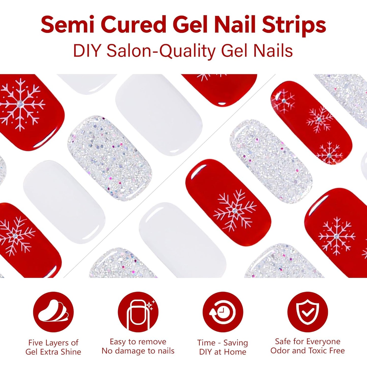 Semi Cured Gel Nail Strips-Snowflake Nail Art Press ons Vibrant Magenta Shimmer with Pink Stars, Holiday Collection(Snowy Glitter)