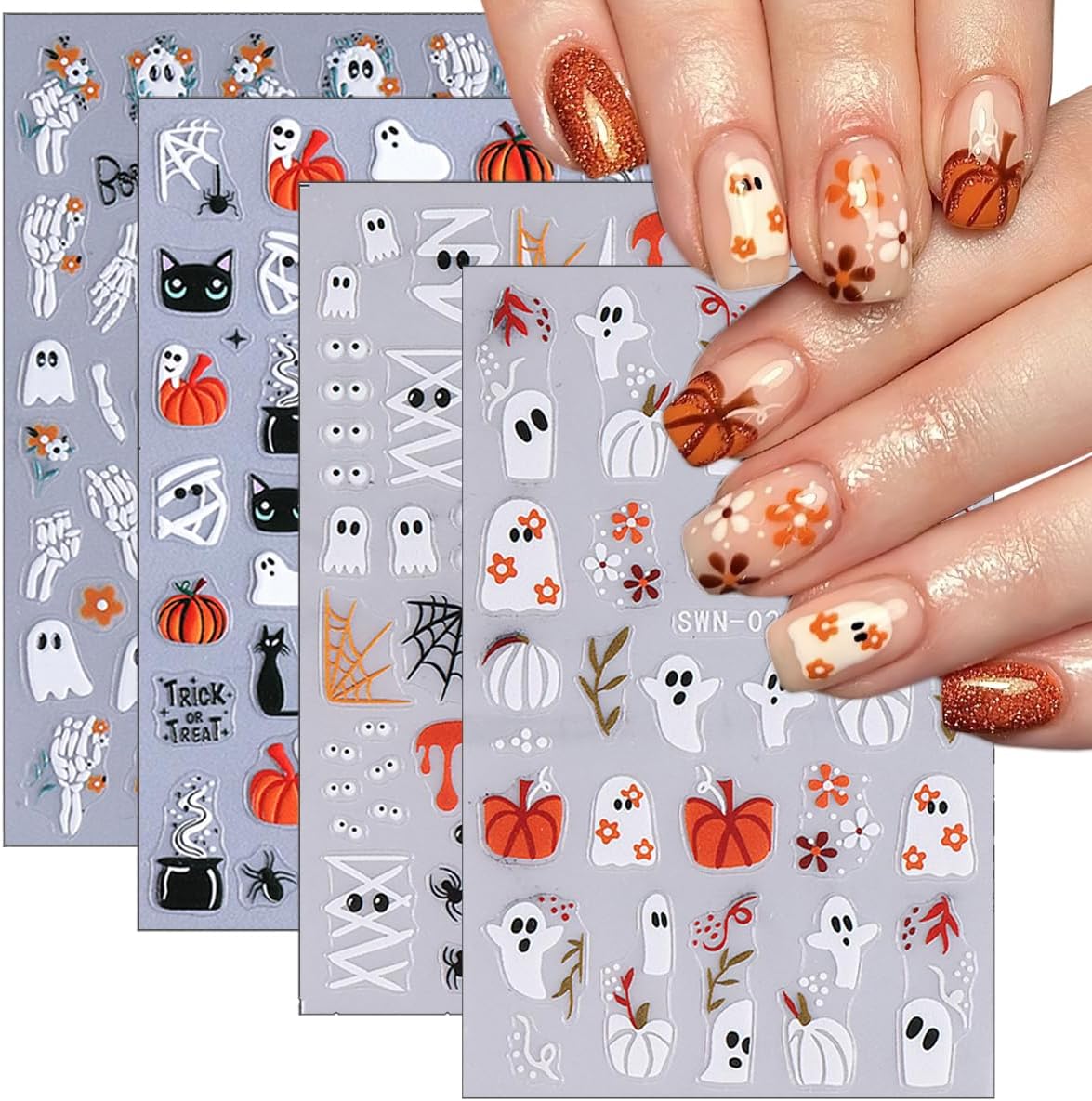 4 Sheets Halloween Nail Art Stickers Decals Cute Cat Ghost Nail Decals 3D Self-Adhesive Pumpkin Spider Web Skeleton Flower Nails Stickers Halloween Nails Supplies for Women Manicure Decor