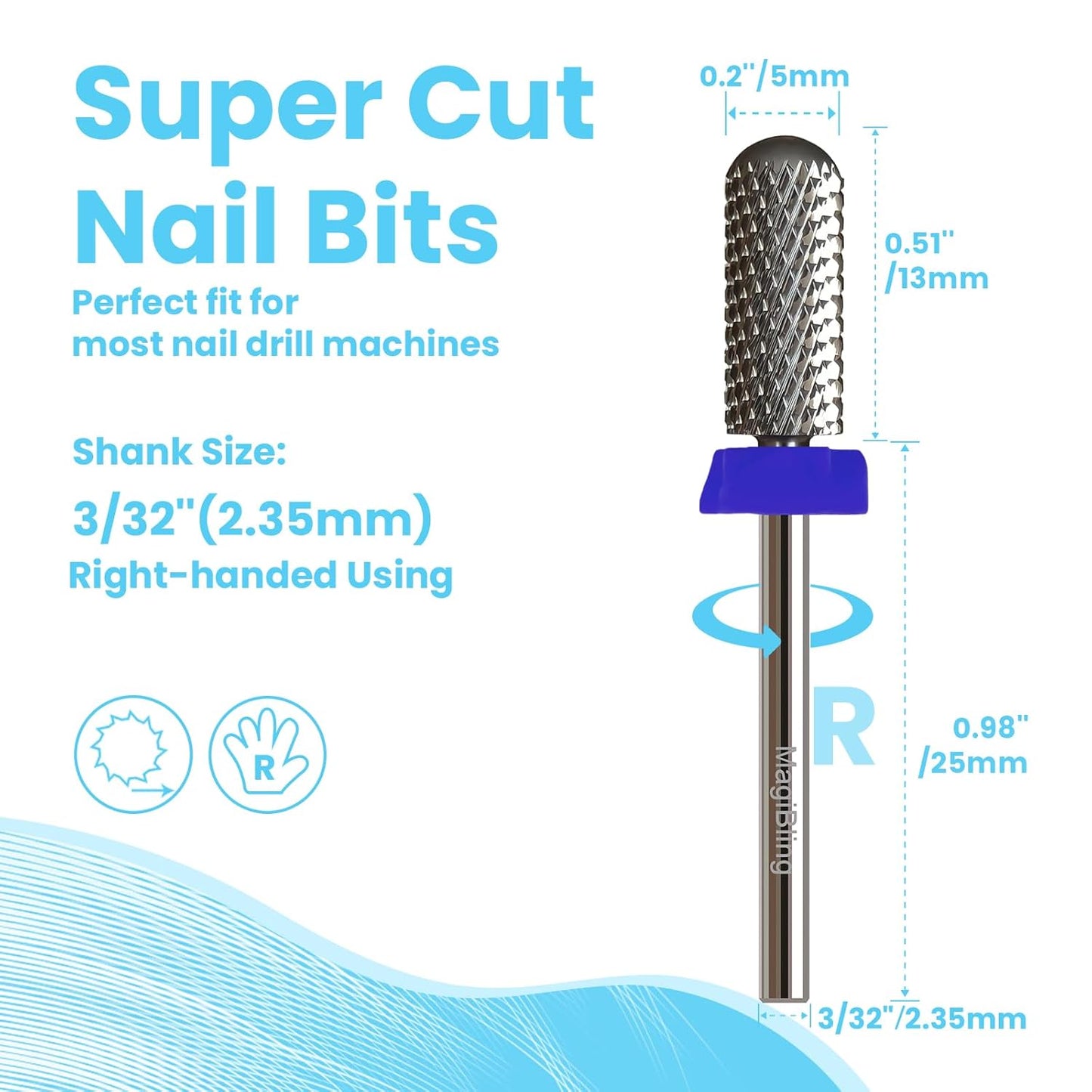 Super Cut Small Barrel 3/32'' Safety Tungsten Nail Drill Bits, Remove Gel Fast, Right handed, Suitable for Manicure Pedicure Cuticle Gel Polishing, Classic Round Top Bits, Grit: Medium.