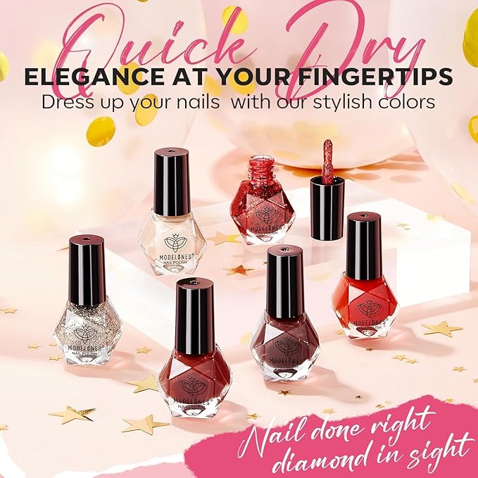 modelones Red Nail Polish Set 6 Colors, Nude Gold Burgundy Glitter Quick Dry Sparkle Mini Manicure Kit DIY Nail Art Salon Home Christmas Gifts for Women Girls