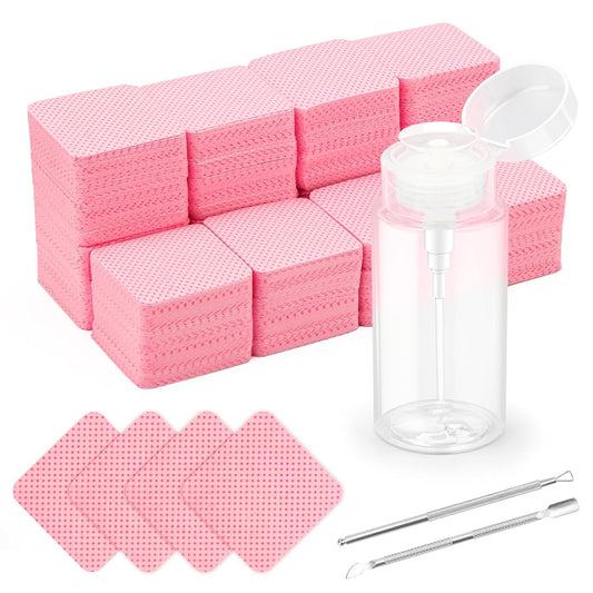 1080 + 3 Pcs Lint Free Nail Wipes Kit, Disposable Nail Polish Remover Pads Non-Woven Nails Eyelash Extensions Wipes, Nail Polish Remover Wipes with 200 ML Bottle, 2 Pcs Cuticle Pusher (Pink)