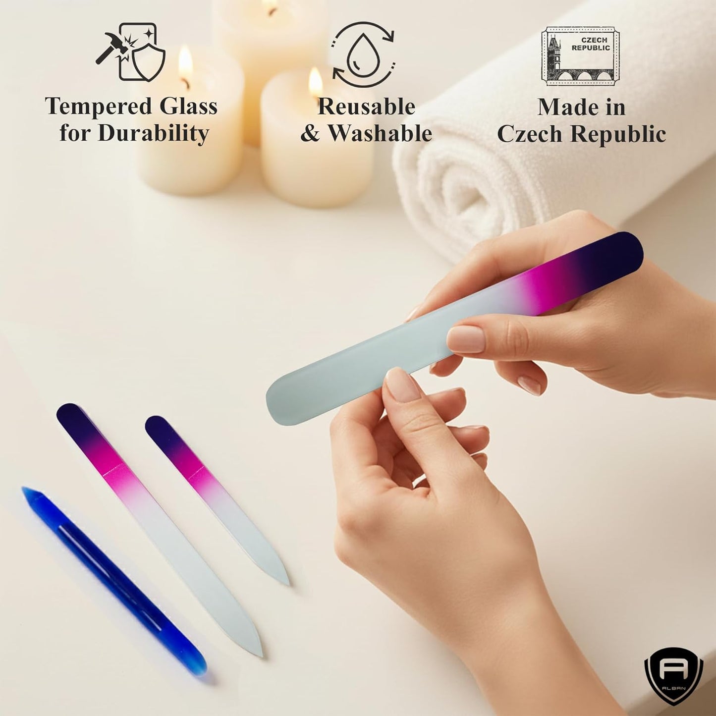Alban Czech Glass Nail File Parent (Purple & Pink & Royal Manicure, 5, Count, 180/240 Grit)