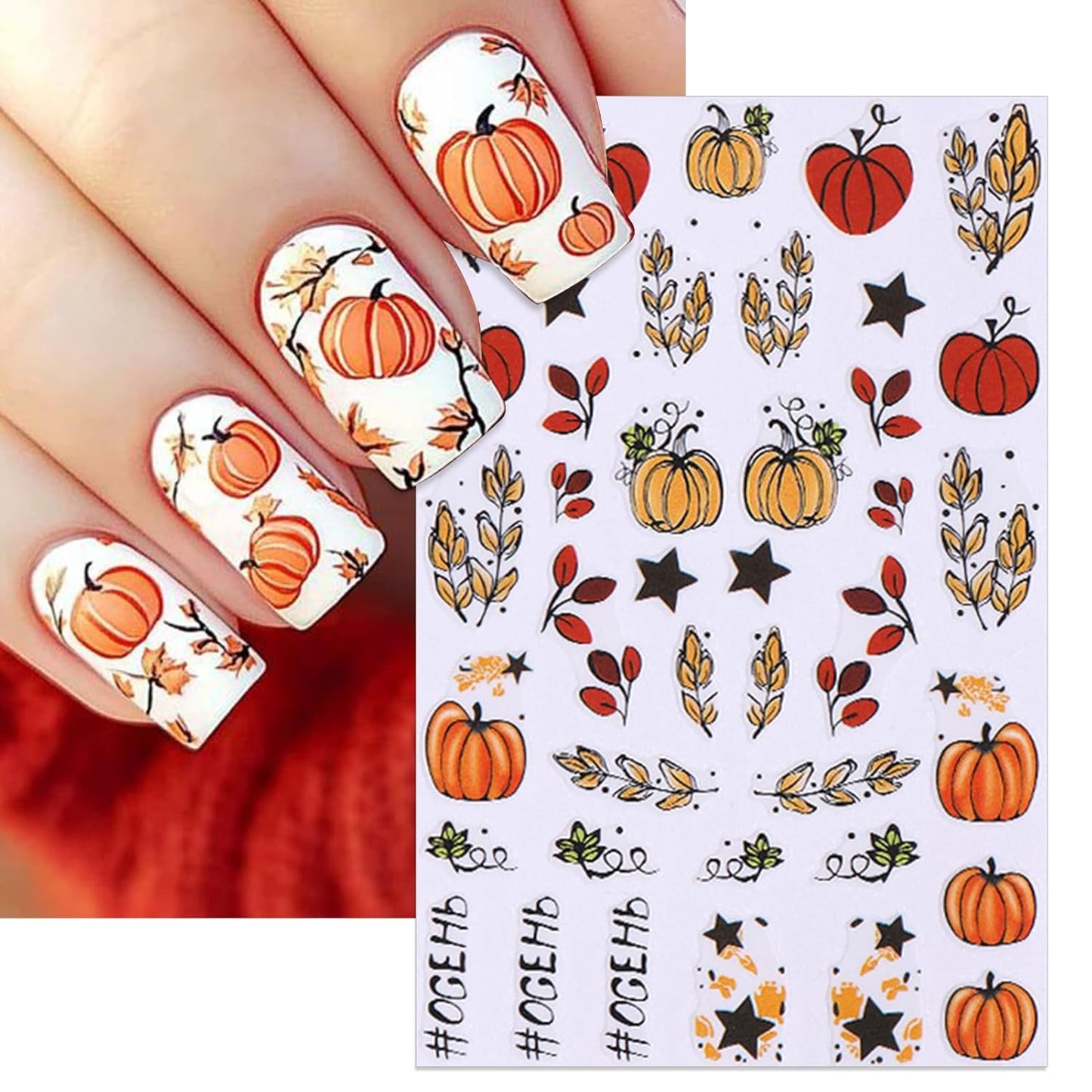 Fall Nail Stickers - Autumn Glitter Pumpkin Leaf Self-Adhesive 3D Nail Decals for Women Girls DIY Thanksgiving Day Manicure (5 Sheets)