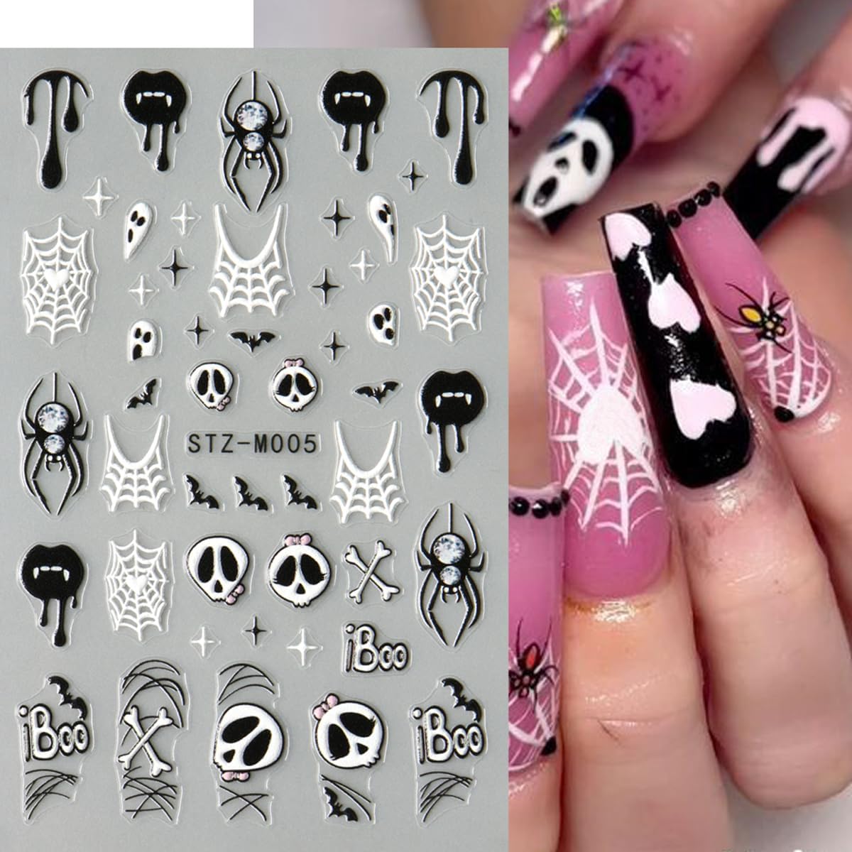 6pcs/Set Halloween Ghost 3D Nail Sticker Pink Heart Spider Web Black Stars Moon Love Spider Skull Cartoon Nail Art Stickers Designs French Manicure DIY Cute Holiday Nail Art Decoration Charms