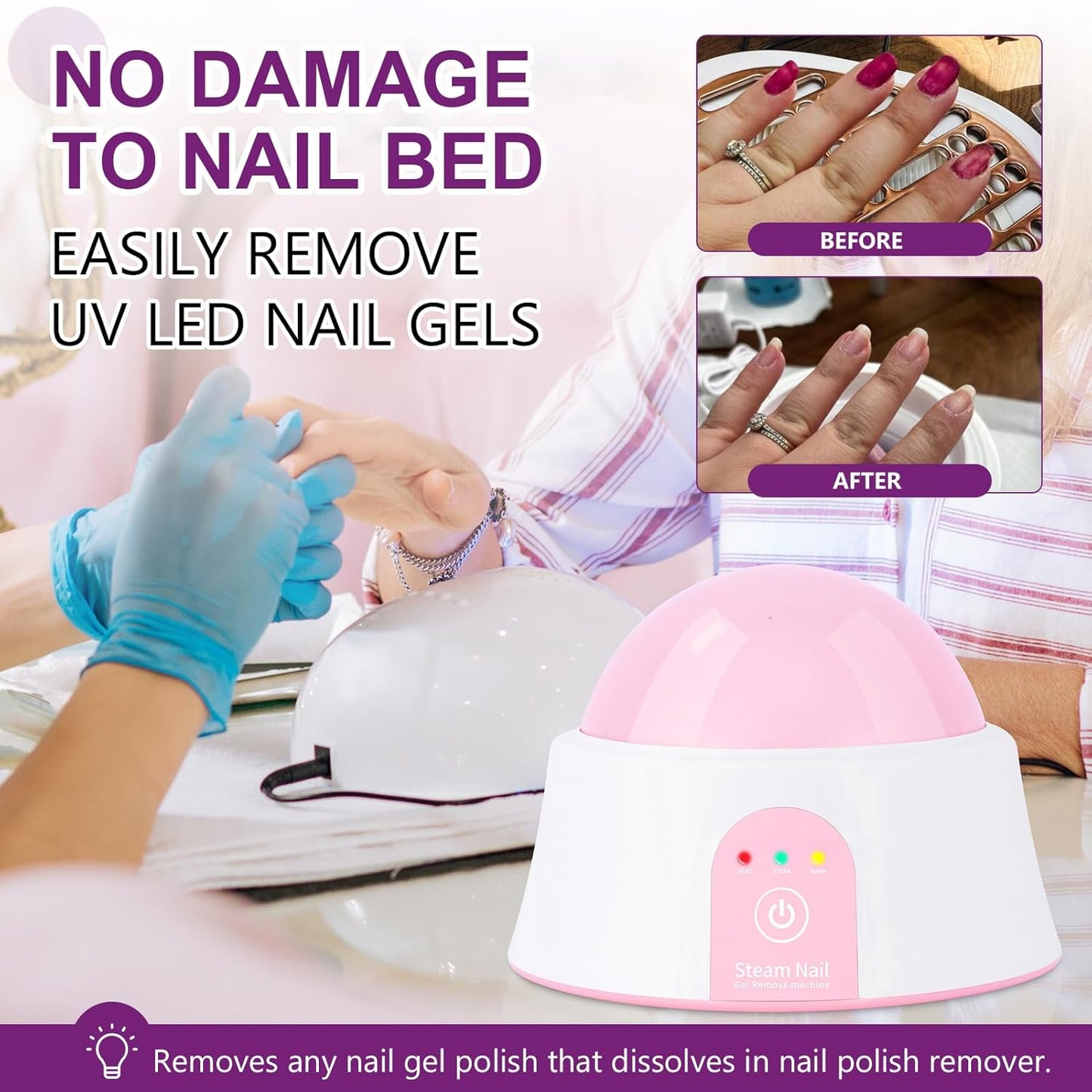 Electric Nail Soak off Bowl Heated, Manicure Nail Soaking Bowl Nail Soaker with Gold Cuticle Pusher for Acrylic Nail Polish Remover, Pink
