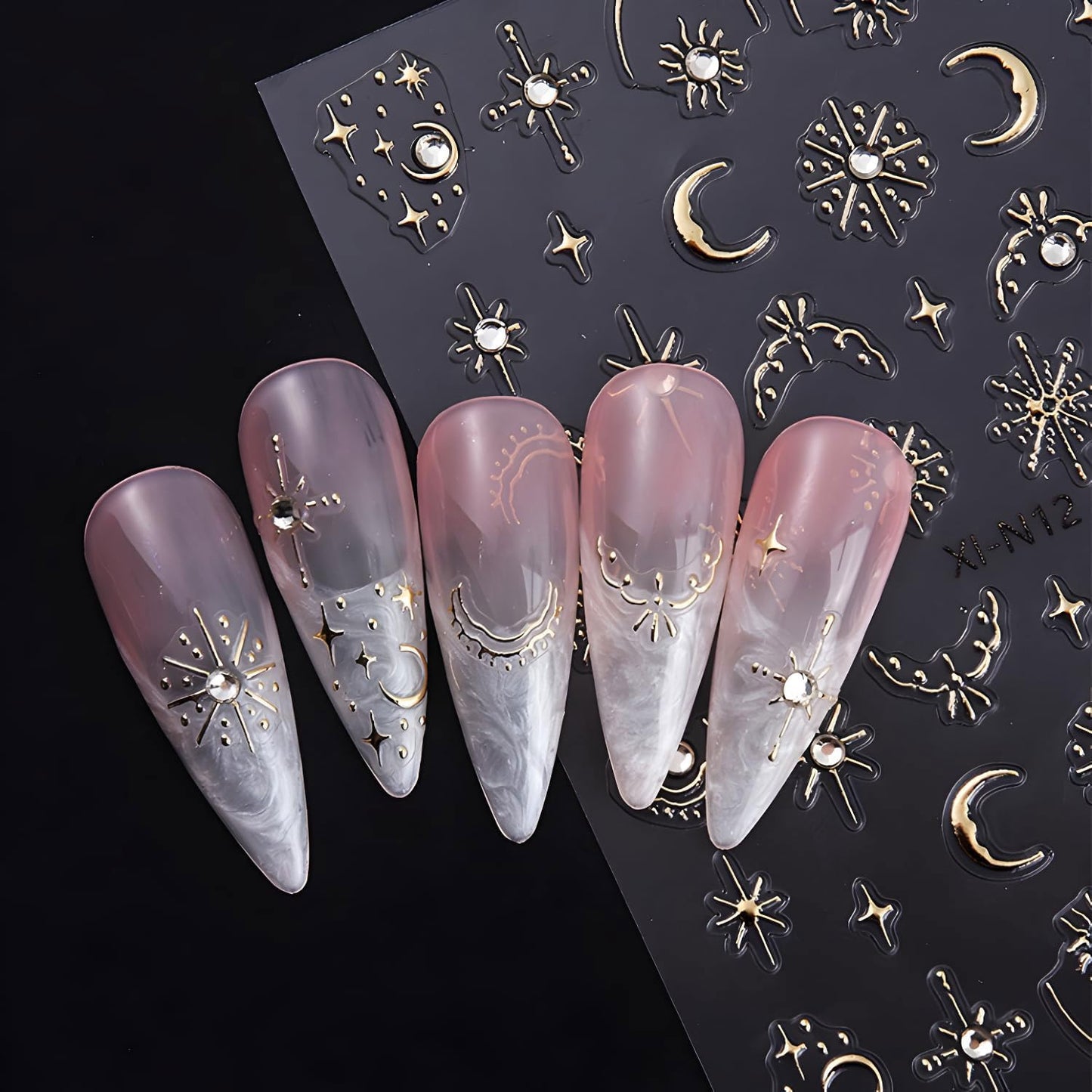 Gold Star Nail Art Stickers Decals Moon Nail Decals 5D Embossed Glitter Rhinestones Nails Design Stickers Gold Nails Supplies for Women Nail Art Decorations