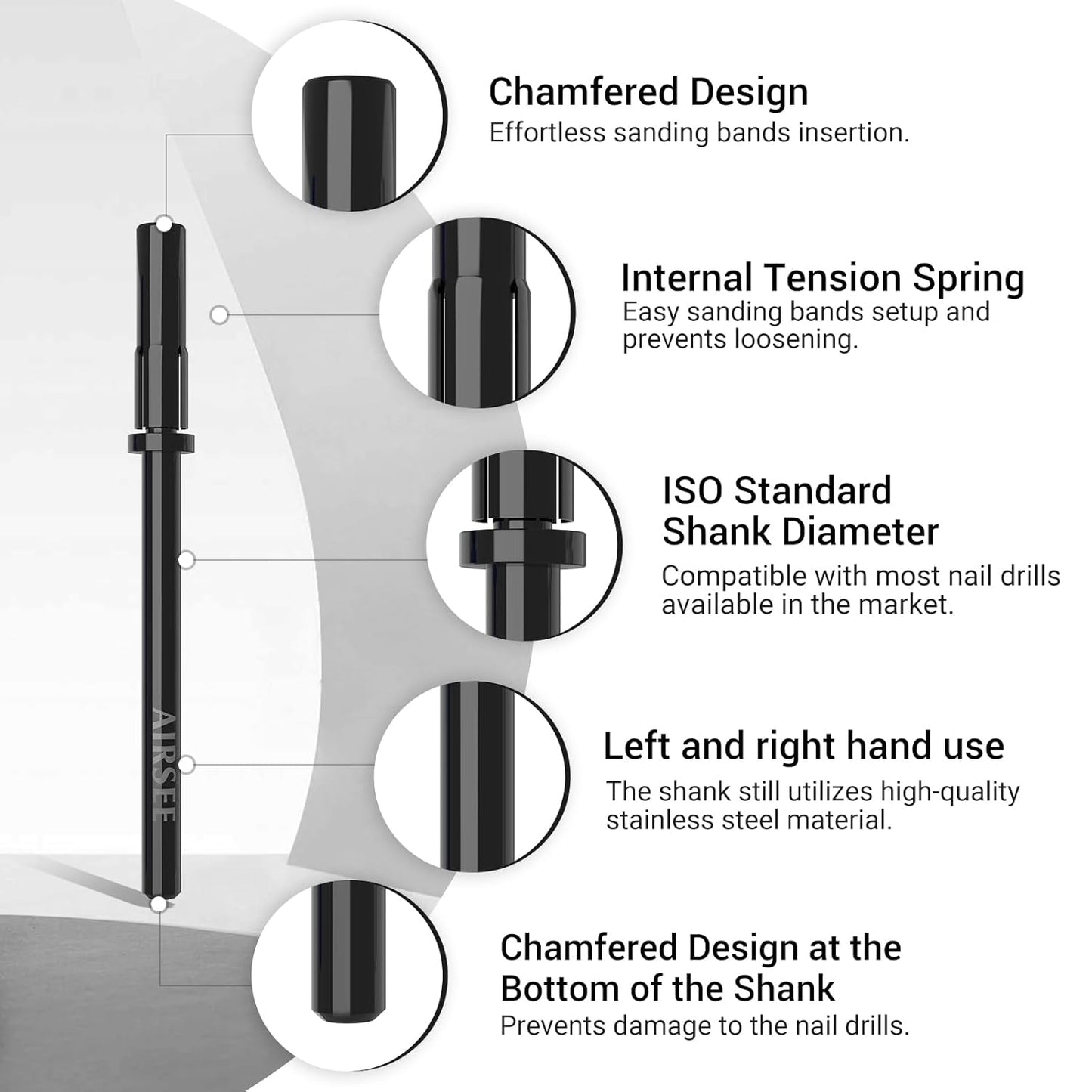 AIRSEE 3.1mm Small Nail Drill Mandrel Bits for Mini Efile Sanding Bands, Stainless Steel Professional Electric Head Clean Remove Cuticle Removing, Acrylic Manicure Sander Safety (Black)