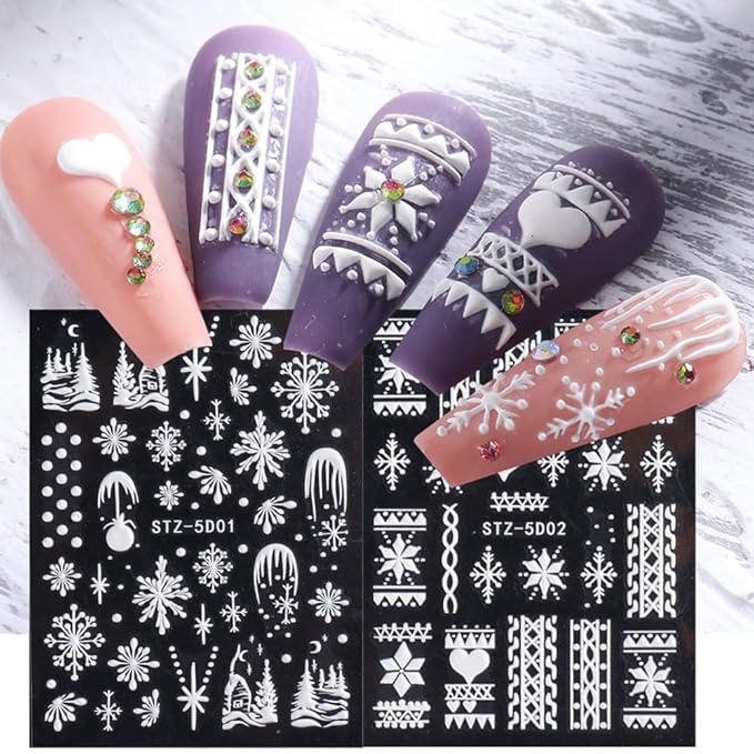 Snowflake Nail Art Sticker Decals Christmas 5D Embossed French White Snowflake Nail Art Accessories Self-adhesive Nail Art Supplies Decoration Snowflakes Lattice Elk Classic Autumn Winter Acrylic Nails Design, 8 Sheets (Snowflakes)