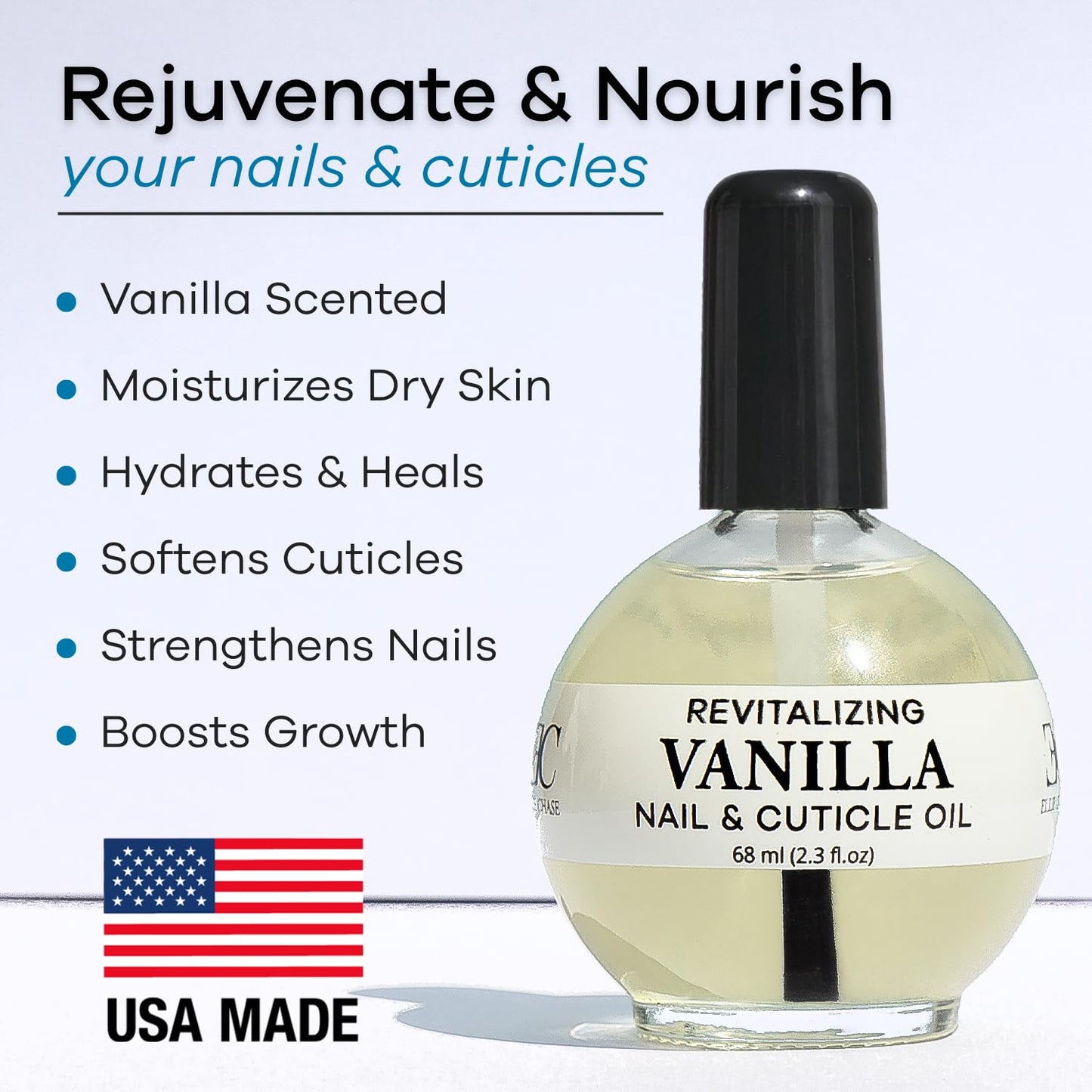 Ellie Chase Moisturizing Cuticle & Nail Care Oil 2.3 Fl Oz - Vanilla Scented – Infused with Jojoba Oil, Aloe, Vitamin E – Nail & Cuticle Hydration, Repair, Moisturizer, Strengthener, Growth