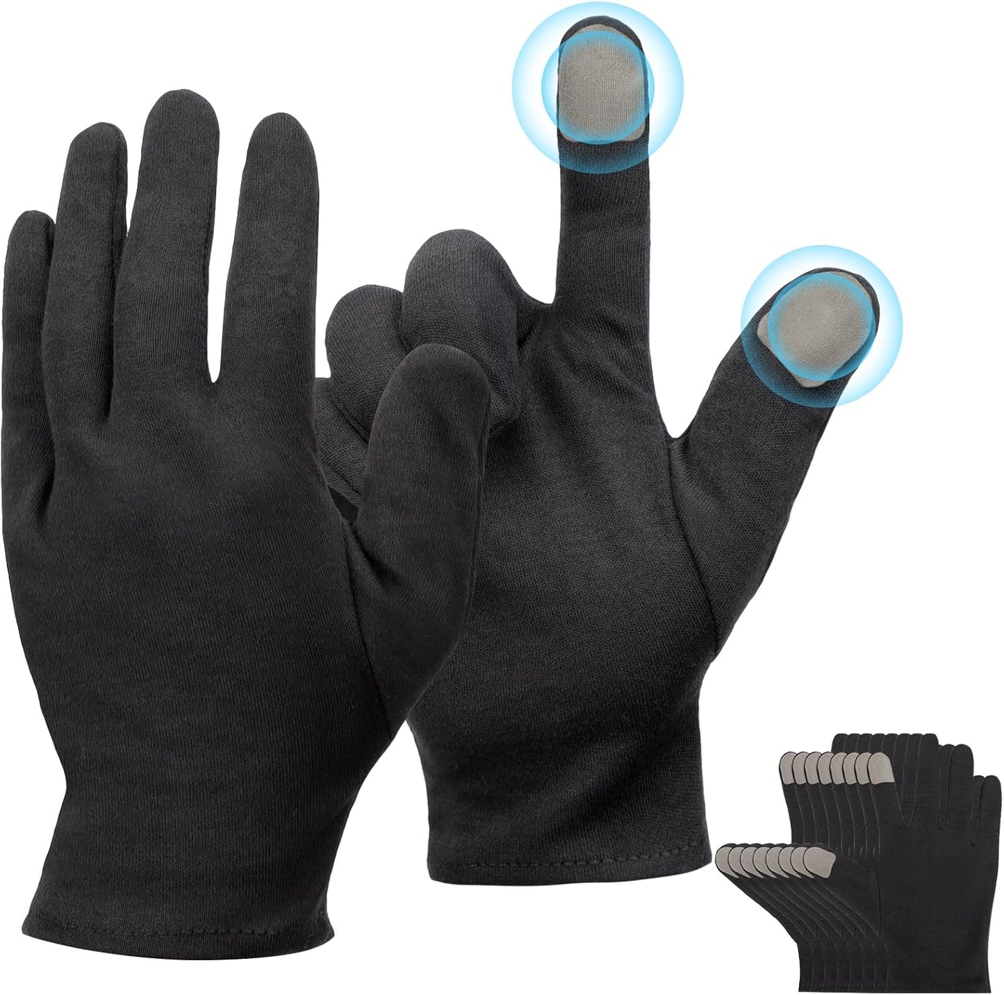 5 Pairs Small Black Cotton Gloves for Dry Hands Sleeping, Black Work Gloves for Coin Handling, Jewelry, Photography for Men and Women, with 20 Touchscreen Stickers