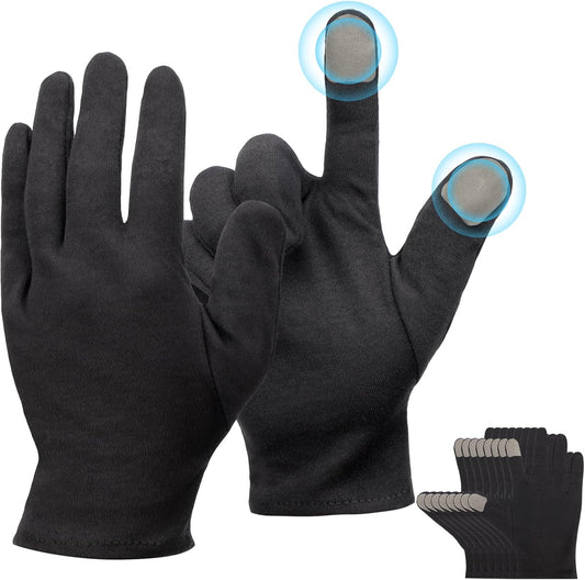 5 Pairs Small Black Cotton Gloves for Dry Hands Sleeping, Black Work Gloves for Coin Handling, Jewelry, Photography for Men and Women, with 20 Touchscreen Stickers