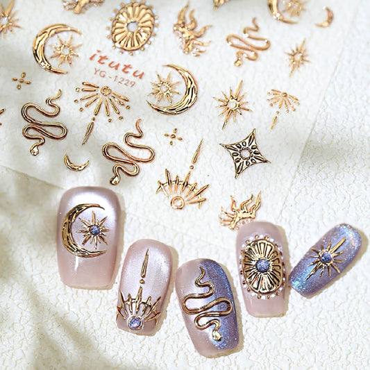 Gold Nail Art Sticker Decals Star Moon Nail Stickers Snake with Design Self Adhesive Nail Decals 5D Embossed with Design Bronzing Manicure DIY Supply Decoration Accessories for Women