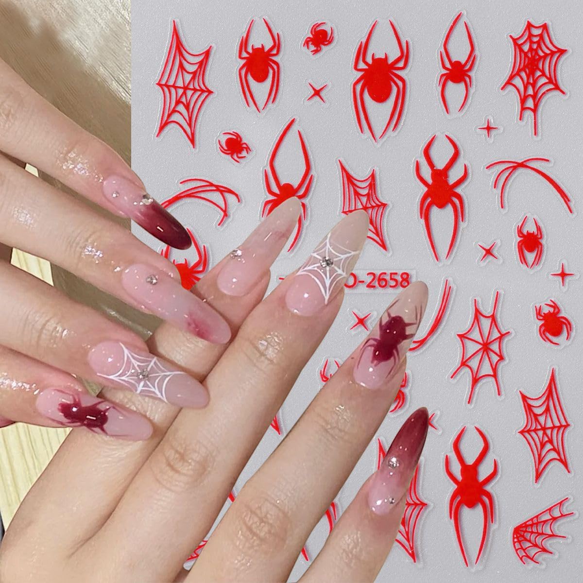 6 Sheets Halloween Spider Nail Stickers White Red Black Spider Web Nail Art Stickers 3D Self-Adhesive Horror Spiders Nail Decoration Scary Halloween Nail Decals for Women Girls Nail Art Designs