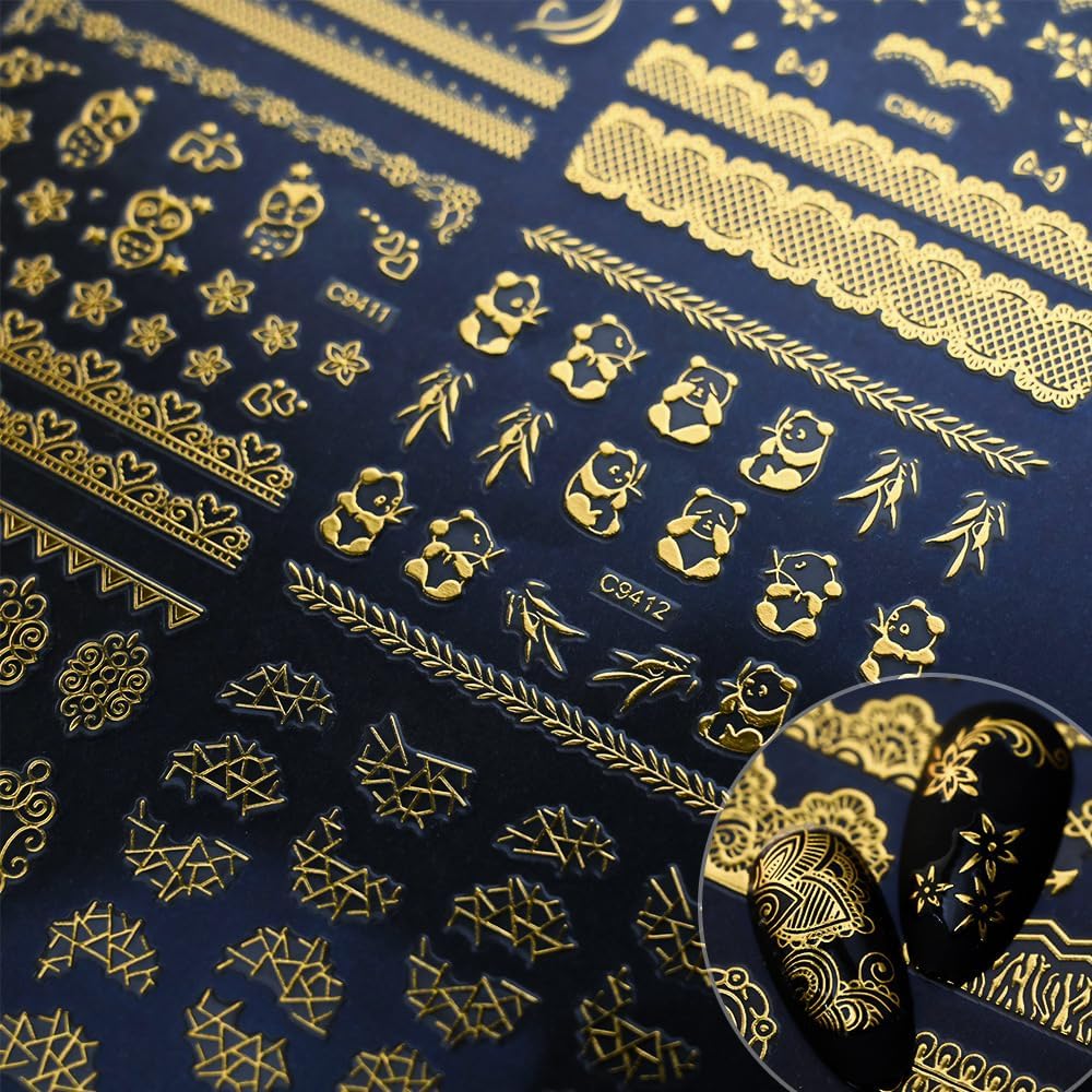 30 Sheets Gold Nail Art Stickers 3D Self-Adhesive Gold Lace Cat Flower Star Moon Heart Nail Decals 3D Gold Retro Hollow Nail Stickers Nail Art Design for Women DIY Acrylic Nails Decoration
