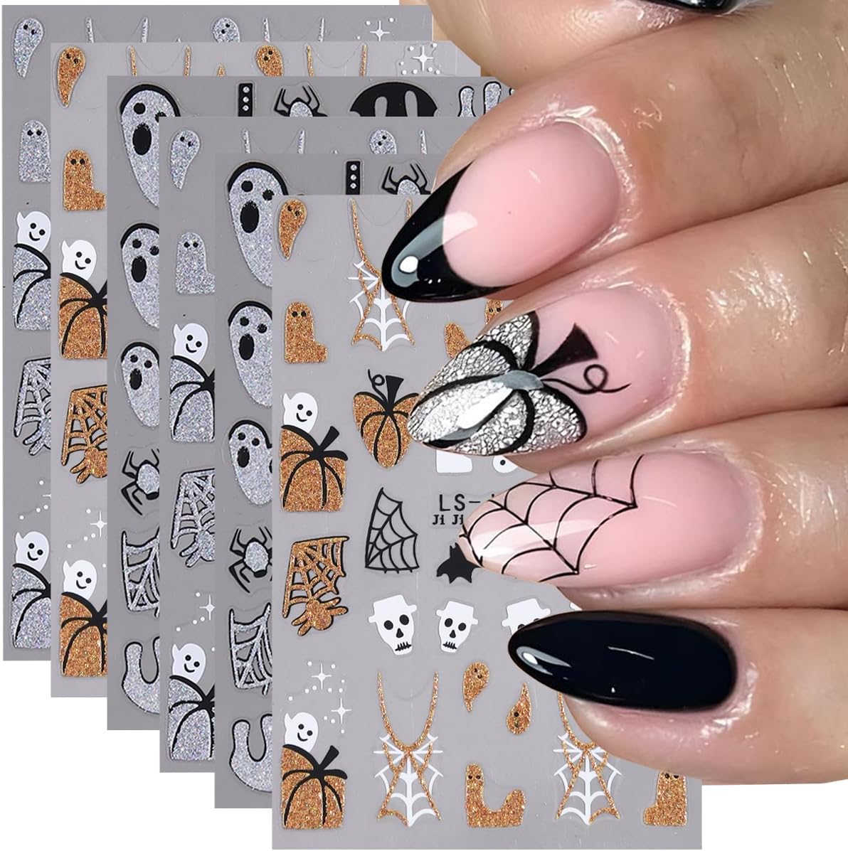 Halloween Nail Art Stickers Decals Glitter Pumpkin Ghost Nail Stickers 6PCS 3D Self-Adhesive Spider Web Spider Knife Ghost Design Halloween Stickers Manicure Supply for Women Holiday DIY Nail Salon