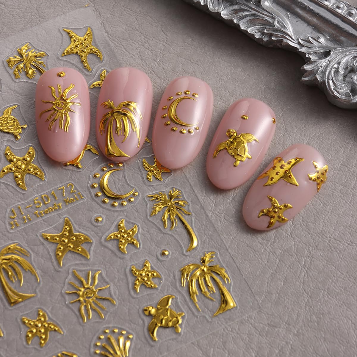 Summer Nail Art Stickers Decals Palm Tree Starfish 5D Embossed Nail Decals 2PCS Golden Coconut Tree Turtle Moons Summer Nails Design Adhesive Sticker Nail Art Supplies for Women Manicure Decorations