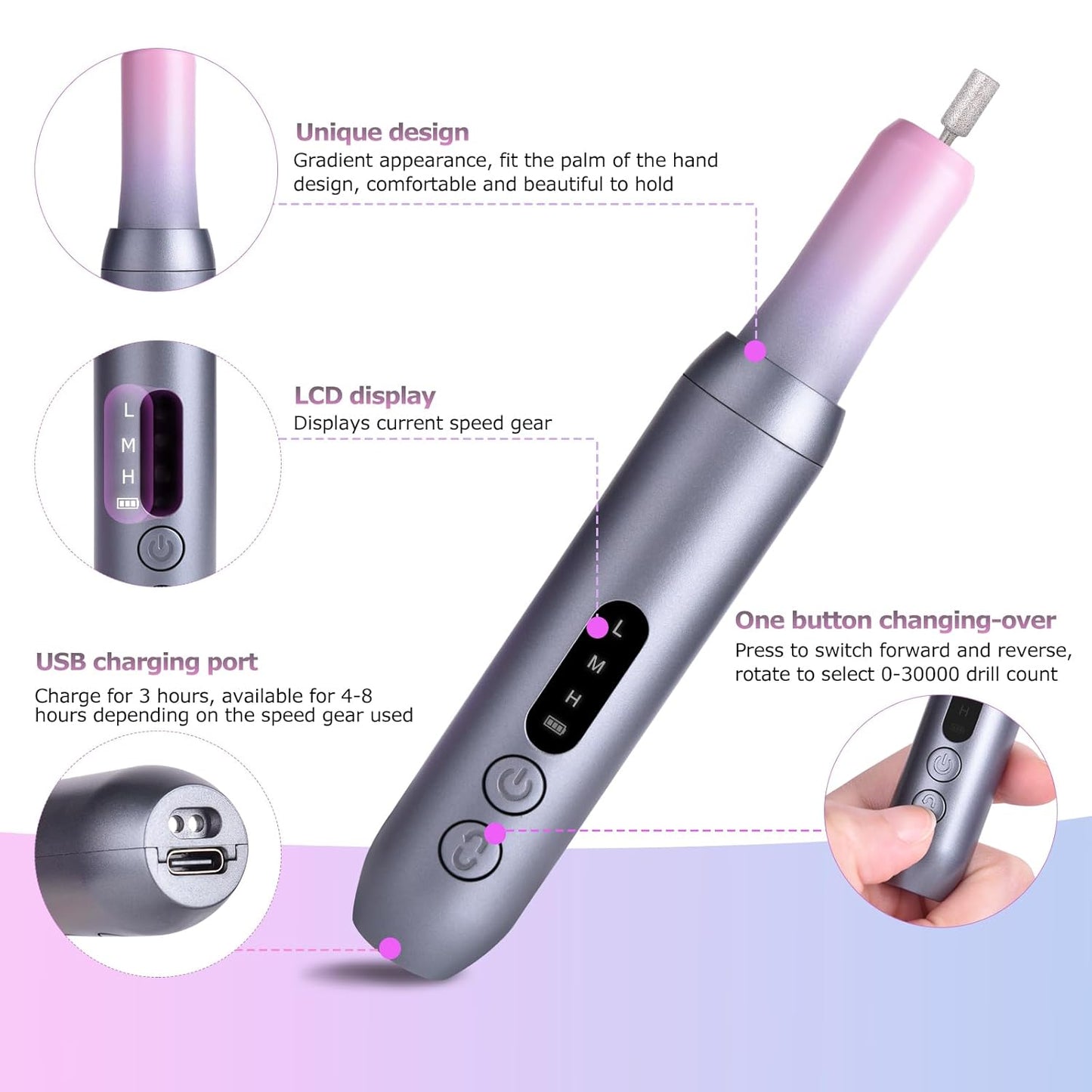 Electric Nail Files Cordless, Professional Nail Drill LCD Display with 12 Bits 30000RPM Rechargeable Manicure Pedicure EFile for Gel Nail Polish Acrylic Nails Thick Toenails Removal, Grey Pink