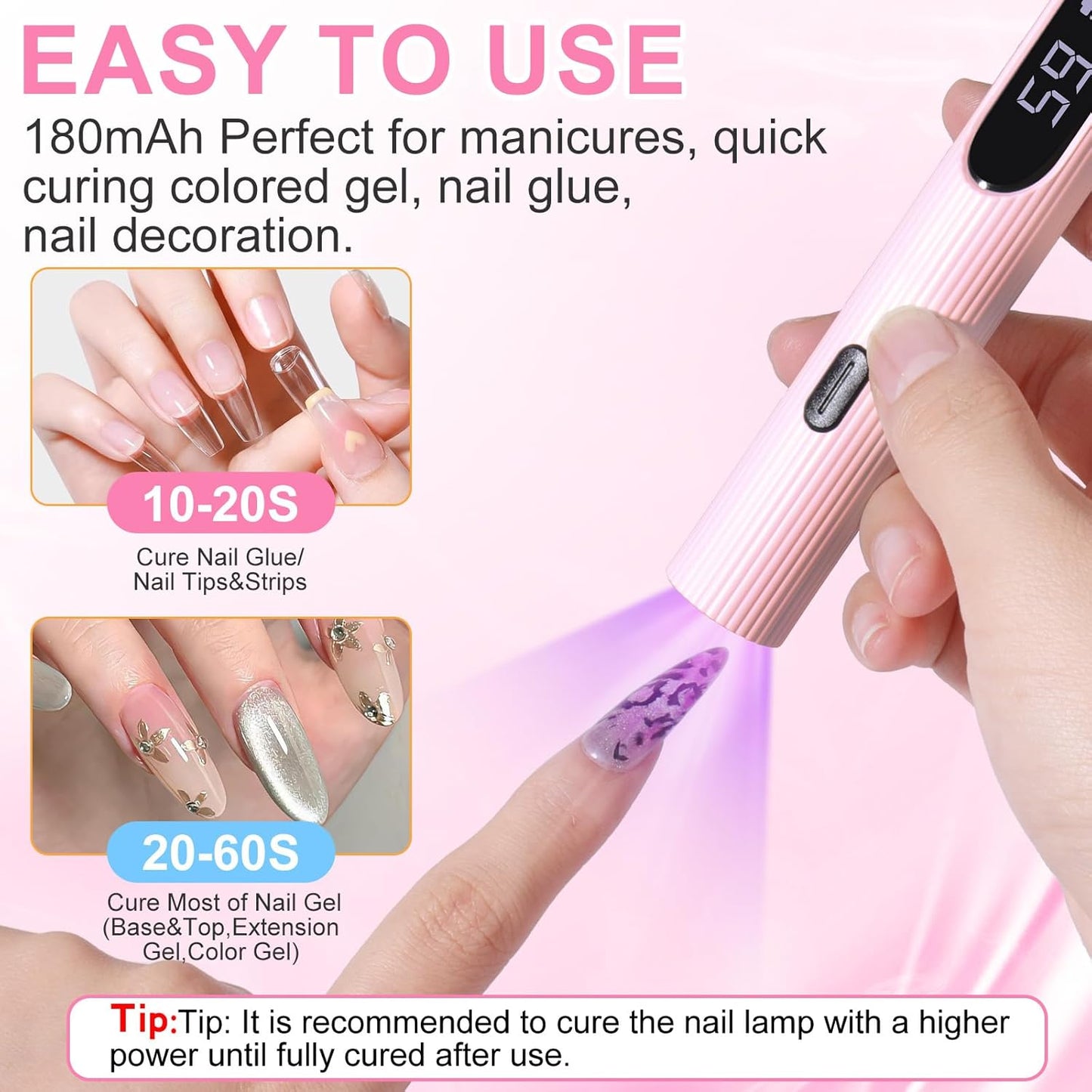 Handheld UV Light for Gel Nails, Pink Mini UV Light for Nails Cordless Mini Nail Lamp Rechargeable with Led Display Lamp for Rhinestone Glue Decoration DIY at Home (Pastel Pink)