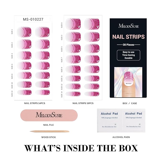 MelodySusie 30PCS Semi Cured Gel Nail Strips (Hot Pink Double French Tips), Salon Quality, Long Lasting, Easy to Apply, Includes 2 Prep Pads, Nail File and Wooden Stick