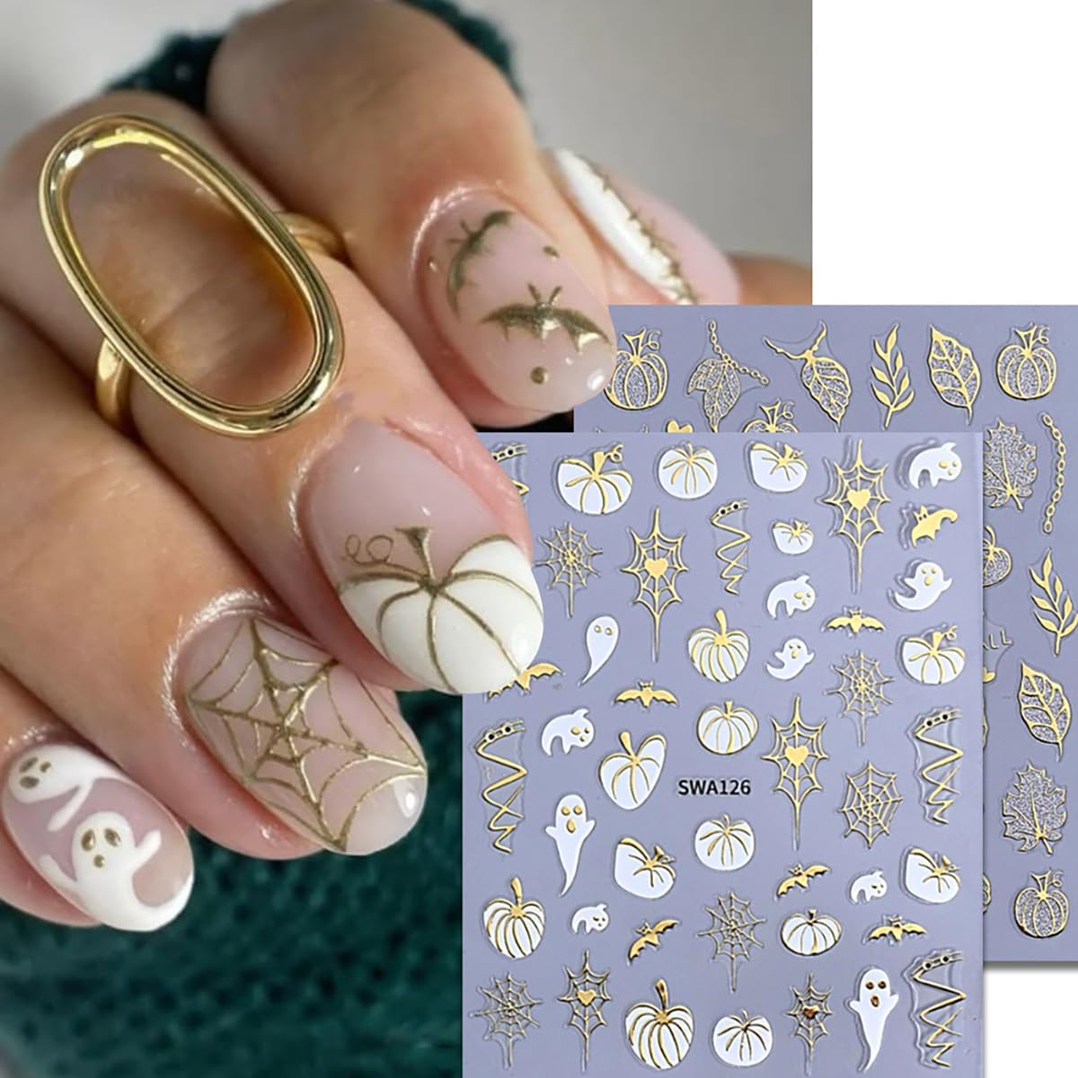 4 Sheets Halloween Nail Art Stickers Decals Fall Nail Decals Gold 3D Self-Adhesive Ghost Bat Spider Web Pumpkin Nails Decor Autumn Maple Leaf Nails Designs Stickers for Women Party Manicure Supplies