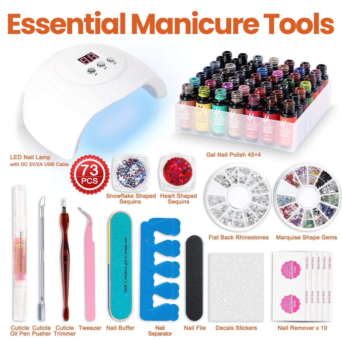Lavender Violets Gel Nail Polish Kit with U V Light, 45 Colors Gel Polish Nail Set with Base and Matte & Glossy Top Coat Soak Off All Season Essential Manicure Tools Gifts for Women Easter LA00