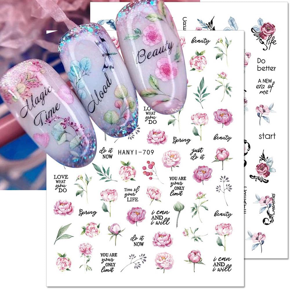 Dornail 8 Sheets 3D Flower Nail Stickers - Spring & Summer Colorful Floral Nail Art Stickers with Blooming Florals & Leaf Designs for DIY Nail Decorations
