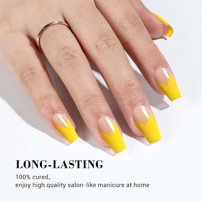 MelodySusie 30PCS Semi Cured Gel Nail Strips (V Shaped Yellow French Tips), Works with Nail lamp, Salon Quality, Long Lasting, Easy to Apply, Includes 2 Prep Pads, Nail File and Wooden Stick