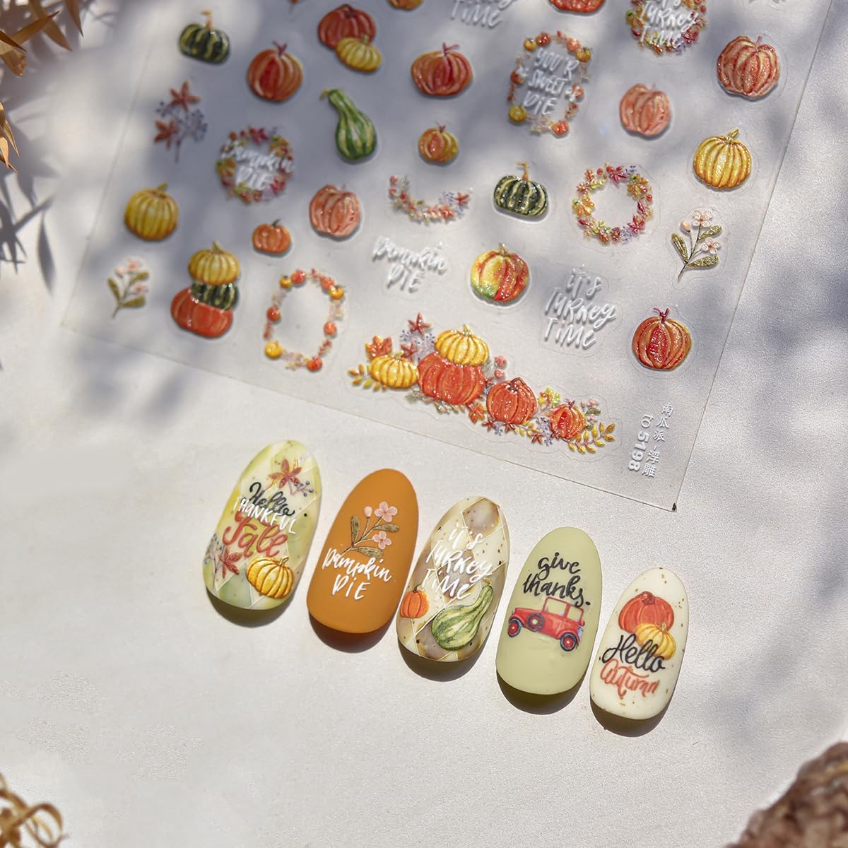 Fall Nail Art Stickers Decals Autumn Pumpkin Nail Decals 5D Embossed Self-Adhesive Pumpkin Flower Nails Design Stickers Thanksgiving Nails Decorations for Women DIY Manicure Art Supplies