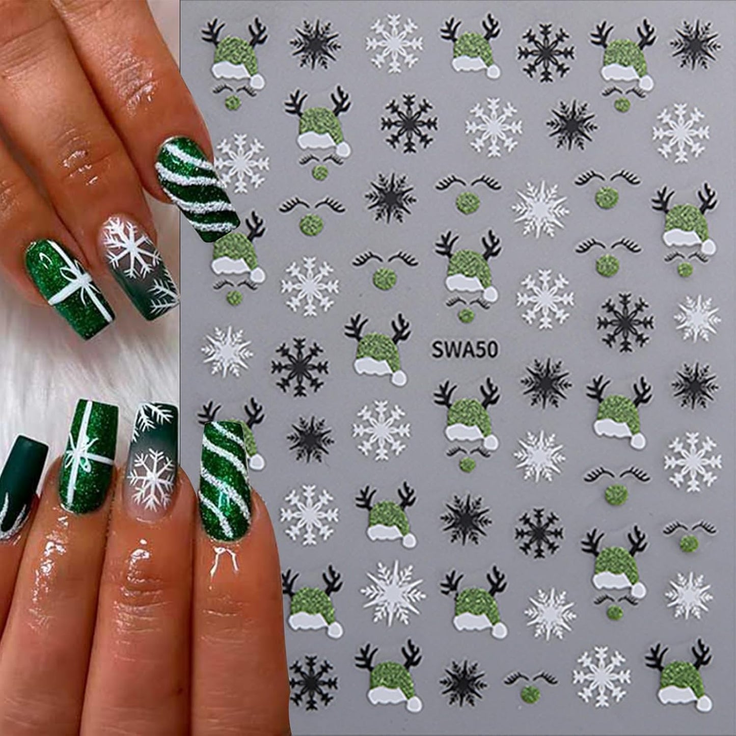 8 Sheets Christmas Nail Art Stickers 3D Self-Adhesive Hot Stamping Elk Snowflake Nail Stickers Glitter Christmas Hat Nail Decals Acrylic Nail Supplies for Women Girls DIY Manicure Decoration