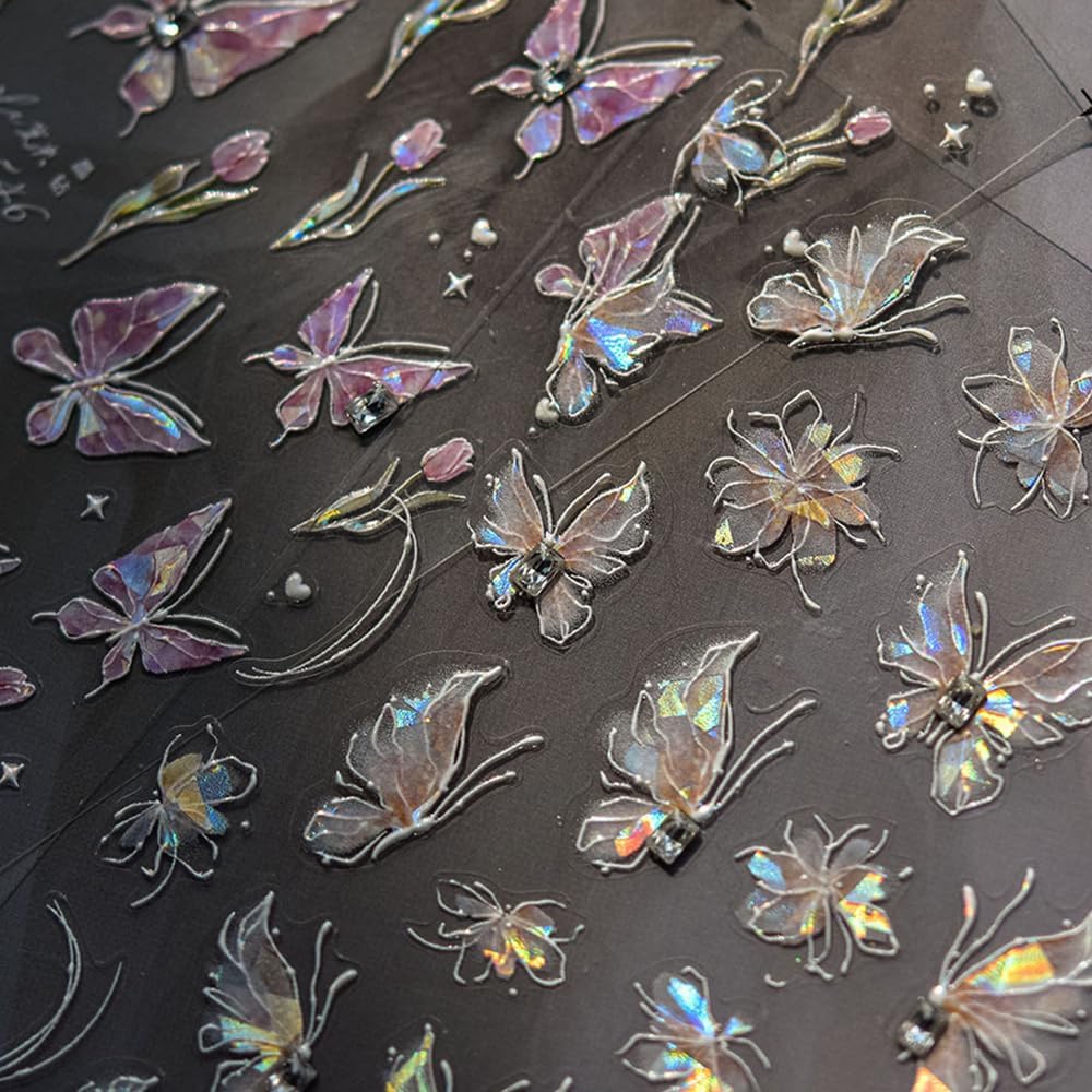 1Pcs Butterfly Nail Stickers 5D Embossed – Premium Salon-Quality Nail Charms with Crystal Diamond Design Accessories, Easy Application & Self-Adhesive Retro Butterflies Decal for DIY Manicure Nail Art