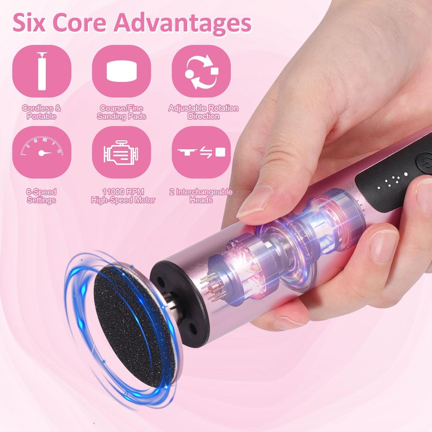 Electric Callus Remover for Feet, 6-Speed Pedicure Tool with 2-in-1 Rechargeable Foot File Callus Remover with USB Charging & 3 Types of Sandpaper, Dead Skin Remover for Dry Cracked Heels (Pink)