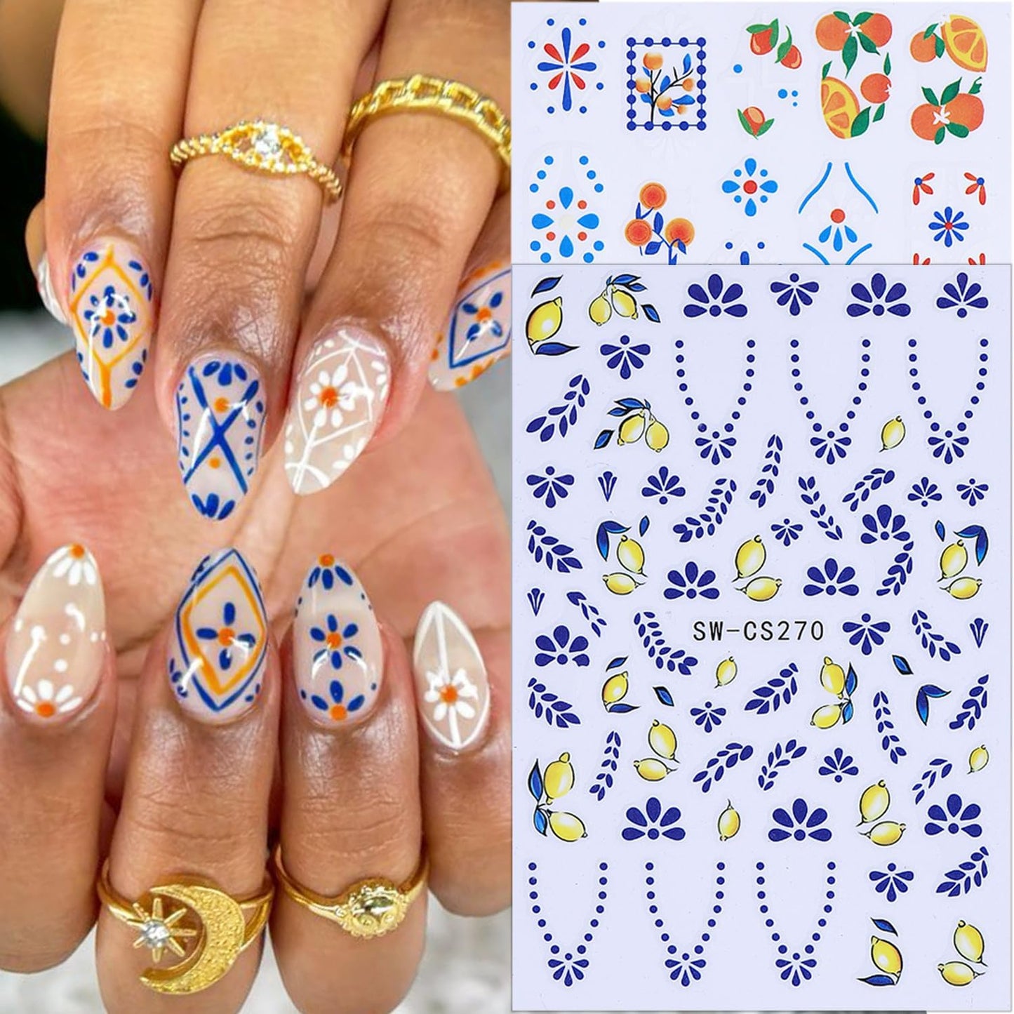 6 Sheets Autumn Fruit Nail Decals for Nail Art 3D Self-Adhesive Orange Lemon Nail Art Stickers Bohemian Style French Tip Nail Stickers Fall Flower Nail Supplies for Women Acrylic Nails Decoration