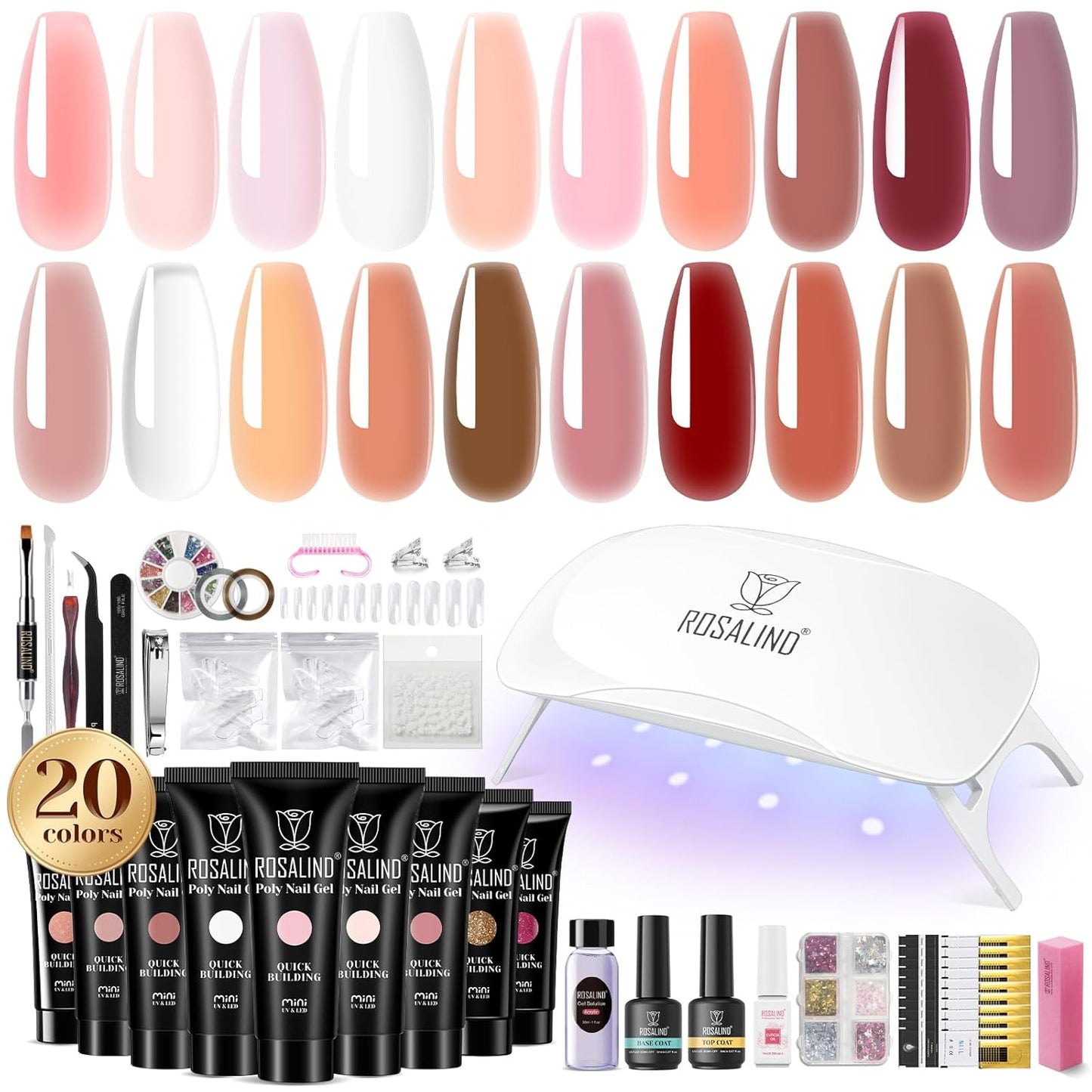 ROSALIND 20PCS White Clear Poly Nails Gel Kit Starter Build er Kit with Slip Solution Pro Nude Pink Nail Extensions Gel Set with Mini UV Lamp Drill Nail Art