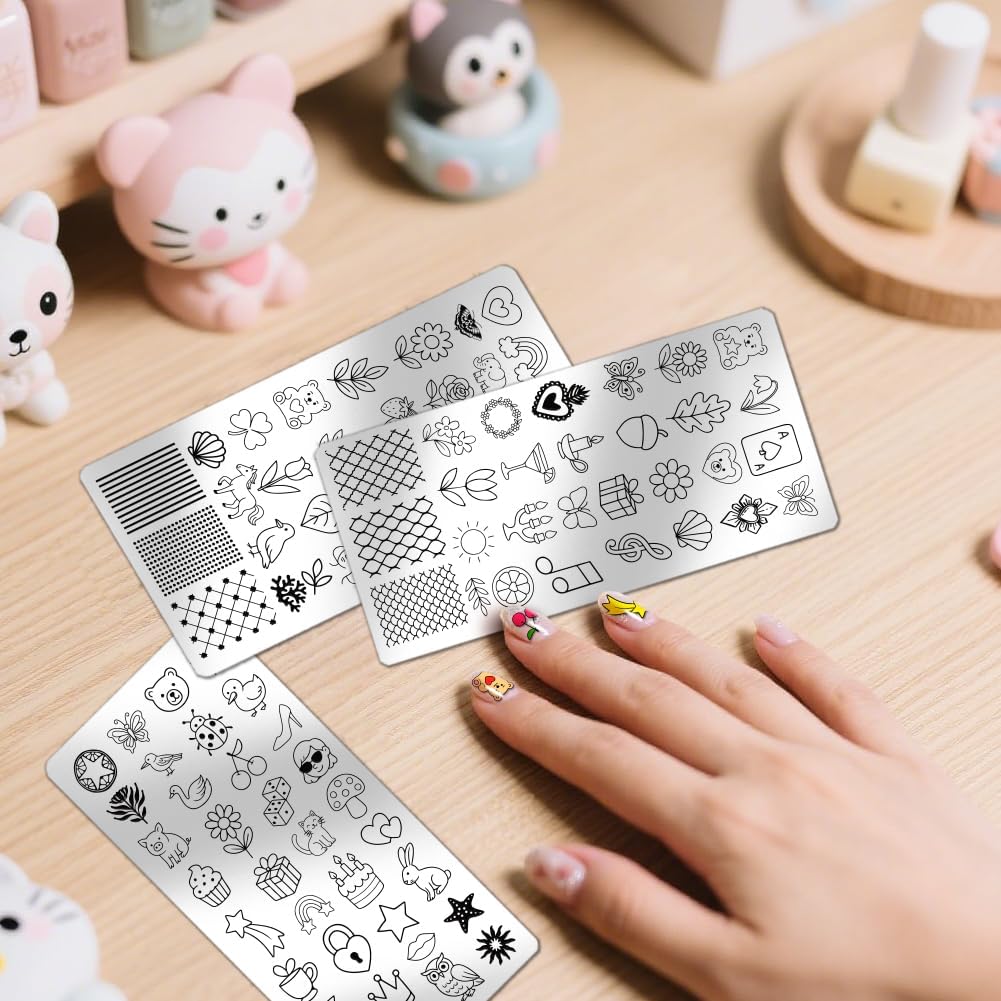 PH PandaHall 3pcs Cute Animals Nail Stamping Plates Flower Fruit Nails Art Templates Dessert Cake Nails Image Plates Cartoon Pattern Manicures Art Stencils for Women Manicures Salon Design Printing