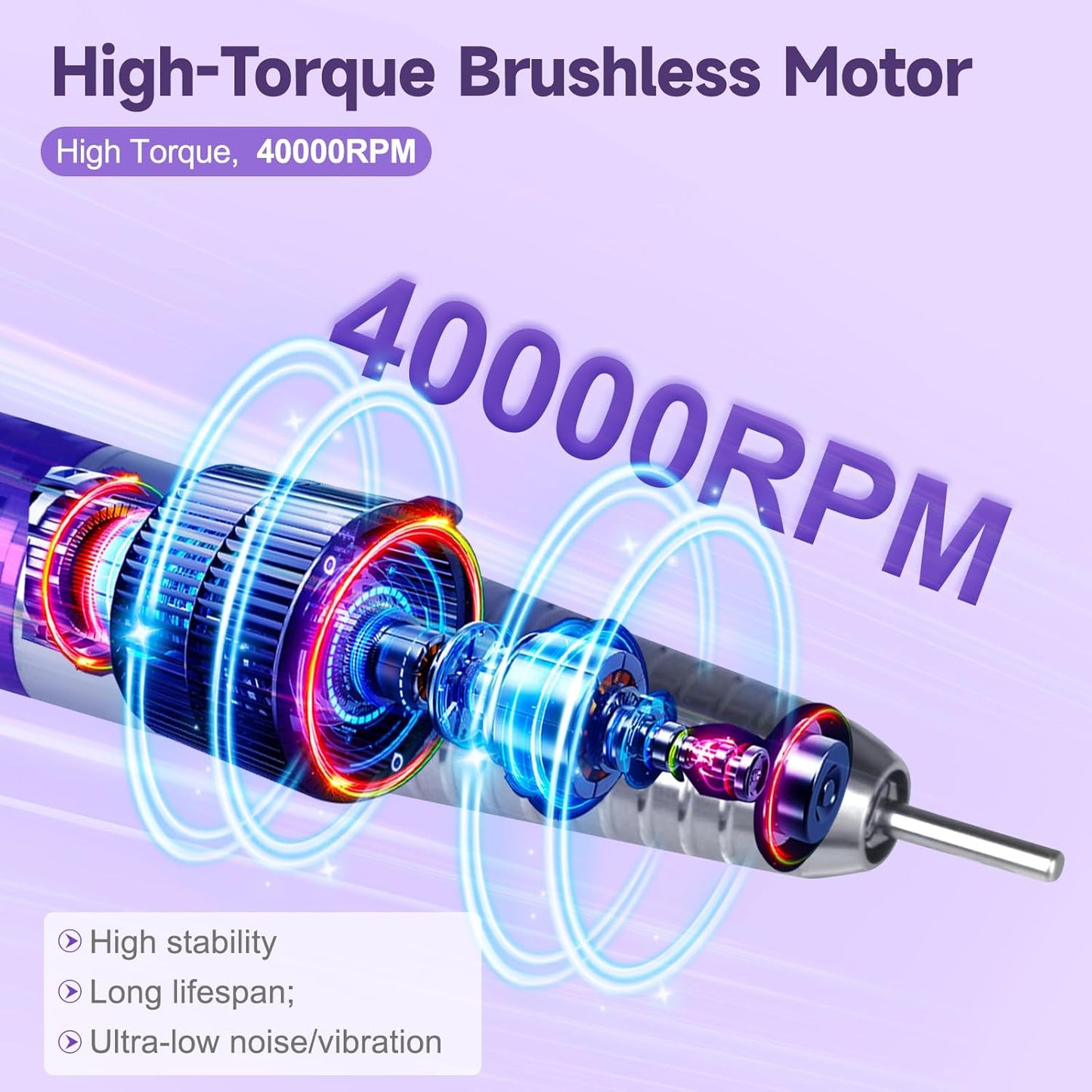 Professional Brushless Nail Drill, AZ GOGO 85W Cordless Electric Nail File 40000RPM Rechargeable Portable Nail Drill Machine for Gel Acrylic Nails, High Torque Quieter for Salon Nails Art (Purple)