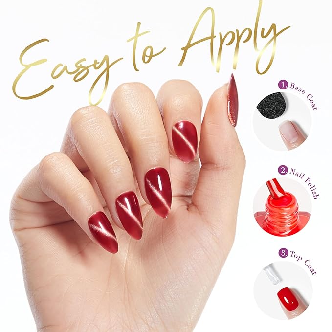 AZUREBEAUTY Cat Eye Nail Polish Set Quick Dry Mooncat Glitter Holographic Purple Black Red 4 Colors Natural Fingernail with Top Coat DIY Salon Home no Gel