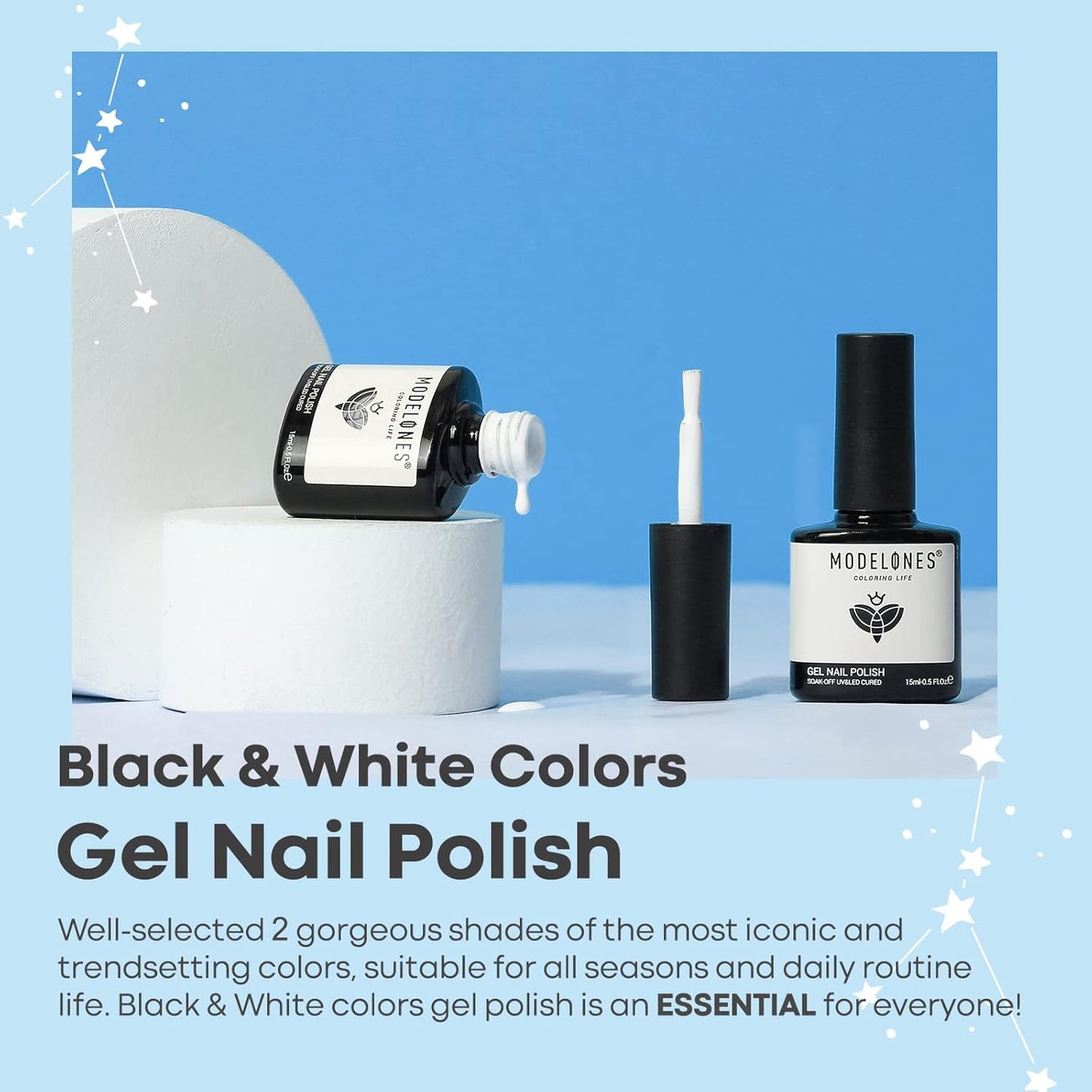 modelones White Gel Polish Black Gel Polish Set 2 Pcs 15ml Black And White Nail Polish Soak Off LED Christmas Nail Art French Manicure Salon Diy at Home Gift for Women Girls