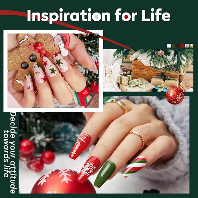 modelones 6 Color Christmas Gel Polish Nail Art Liner Set White Red Green Brown Glod Silver Glitter Sparkle for French Tip Swirl Nails with Thin Brush Soak Off Winter Holiday Manicure Gift for Women